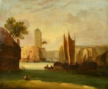 Early 19th Century Dutch School, figures on sailboats on a town quay, oil on canvas, 20
