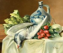 W. Metasch (20th Century), a still life composition of a dead bird, vegetables and a blue and