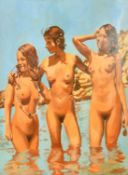 Cuneo (20th Century), three female nudes standing in the sea near a rocky outcrop, oil on panel,