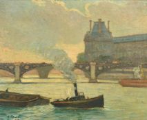Continental School, circa 1907, barges on the River Seine with a bridge beyond, oil on canvas,