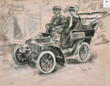 Felix, circa 1982, a group of 5 charcoal drawings of figures in town settings, each 10.75