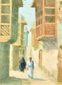 20th Century, a study of Arab figures walking in a narrow city street, oil on canvas, 25