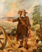 Fox, 19th Century, a cavalier standing by a canon with a settlement beyond, oil on canvas, signed,