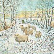 Ken Taylor (b. 1939) British, sheep gathered on a snowy pathway, 4