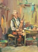 20th Century, a scene of a violin maker in his workshop, oil on panel, indistinctly signed, 13.75