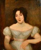 19th Century English School, a portrait of a lady in a white dress with pink sash, oil on canvas,