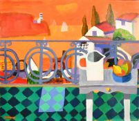 Alan Furneaux (b. 1953), still life scene with a harbour view beyond, oil on board, signed, 24