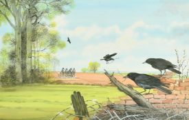 Bryan Conway (20th Century) British, 'April Morning', crows observing a horse drawn plough,