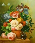 Thomas Webster (20th Century), A still life of mixed flowers on a marble shelf, oil on panel, 16