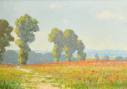 Gregory Davies (b. 1947), 'Poppies and Poplars, Sienna', oil on board, signed, 11