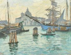 Margaret Wilson (late 19th/Early 20th Century), sailboats moored in Venice, oil on canvas, signed,