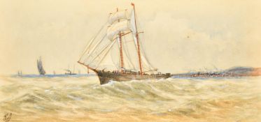 Circle of T. B. Hardy, a pair of watercolours of vessels off a headland, signed with initials E.