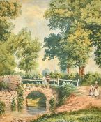 Attributed to Henry Jutsum (1816-1869), figures by a footbridge, watercolour, 9