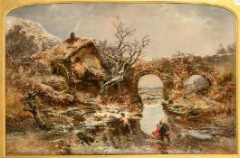 Charles Branwhite (1817-1880) British, children crossing a frozen waterway with a stone bridge and
