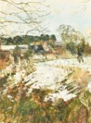 Olwyn Bowey (b. 1936), a hunter in a snowy landscape, oil on board, signed with initials, 12.75