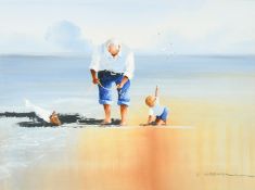 John Horsewell (20th Century) 'Low tide, Grandfather and Boy', acrylic on board, signed, 10.5