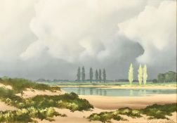 Pierre de Clausade (1910-1975) French, tall trees by an estuary beneath breaking skies, oil on