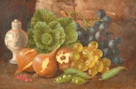 George Crisp (late 19th Century), a still life study of fruit vegetables and a Chinese jar, oil on