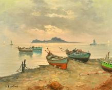 20th Century Italian School, traditional fishing boats moored on a beach with an island beyond,