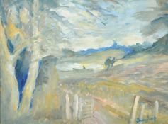 Ronald Ossory Dunlop (1894-1973) British, figures walking in a field with a windmill on the horizon,