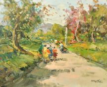 20th Century Italian School, figures walking on a pathway in a park, oil on board, indistinctly