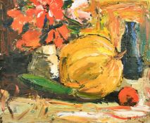 20th Century Scandinavian School, a still life of fruit and flowers, oil on canvas, indistinctly