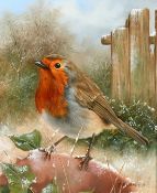 Carl Andrew Whitfield (b. 1953) British, 'Winter Robin', a Robin perched on a snowy rock, oil on