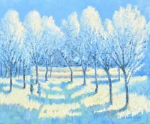 Norman Lloyd (1894-1983) Australian, figures standing in an orchard in blossom, oil on canvas,