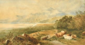 R. Wace, sheep on a knoll near the coast, watercolour, signed, 8.5