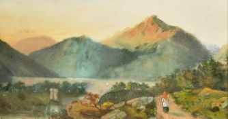 M. Charlesworth, female figure walking beside a hillside lake, oil on board, signed, 6