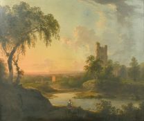 Circle of Richard Wilson (1714-1782), figures and building by a lake at sunset, oil on panel, 20
