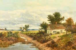 19th century English School, figures outside a cottage by a pond, oil on canvas, bears signature