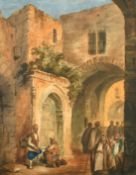 J. Lepine, Circa 1875, Arab figures gathered beneath an archway in a North African town,
