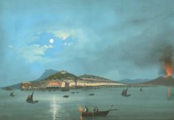 19th Century Neapolitan School, a pair of scenes of the Bay of Naples with Vesuvius erupting,