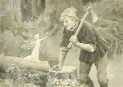 Percy Tarrant (1855-1934), 'The Three Wishes', a woodsman with a fairy, oil on board, 4.25