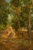 Eduardo Matania (1847-1929) Italian, A young woman on a donkey on a sunlit woodland path, oil on