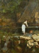 Italian School, circa 1902, a young woman standing at a hillside spring in Anticoli, inscribed