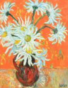 Pierre Dorian (b. 1914) French, a vibrant still life of daisies on an orange background, oil on