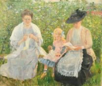 Early 20th Century Swedish School, a scene of three female figures in a garden, oil on canvas, 18.5