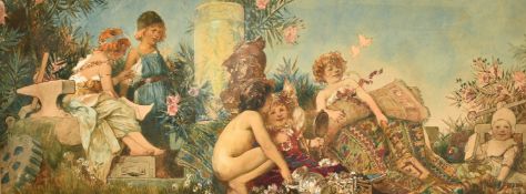 Late 19th Century School, children amongst carpets and treasure, watercolour, indistinctly signed,