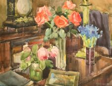 Russian School, Circa 1975, a still life of red roses and other flowers in an interior setting,
