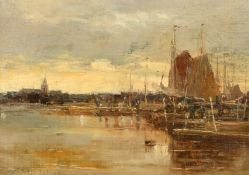 George Charles Haite (1855-1924) British, a harbour sketch, oil on board, signed and indistinctly