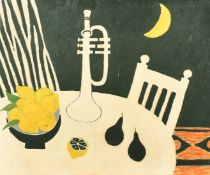20th Century, a still life of mixed objects including a trumpet, oil on board, 22