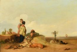 19th Century English School, figures and a dog gathered on beach with distant fishermen gathering