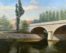 French School, Circa 1910, figures on a towpath by a stone bridge, oil on canvas, 21.5