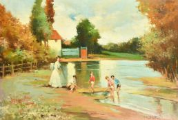 J. Giralt Lerin (b.1907) Spanish, A mother and children playing by the edge of a river, oil on