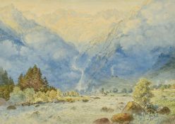 Charles Jones Way (1834-1919) British, An Alpine view with snow-capped mountains and a raging