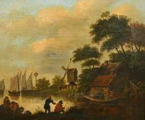 19th Century Dutch School, figures angling with a windmill and sailboats in the distance, oil on