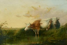 Attributed to Thomas Baker of Leamington (1809-1869) British, Two bulls watering on a riverbank, oil