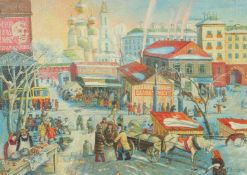 20th Century Russian School, a busy city street scene, oil on canvas laid down, signed in